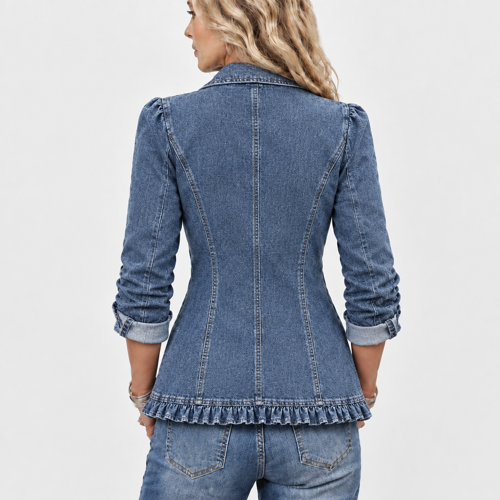 Hedra denim-look ruffle jacket in denim blue, back view