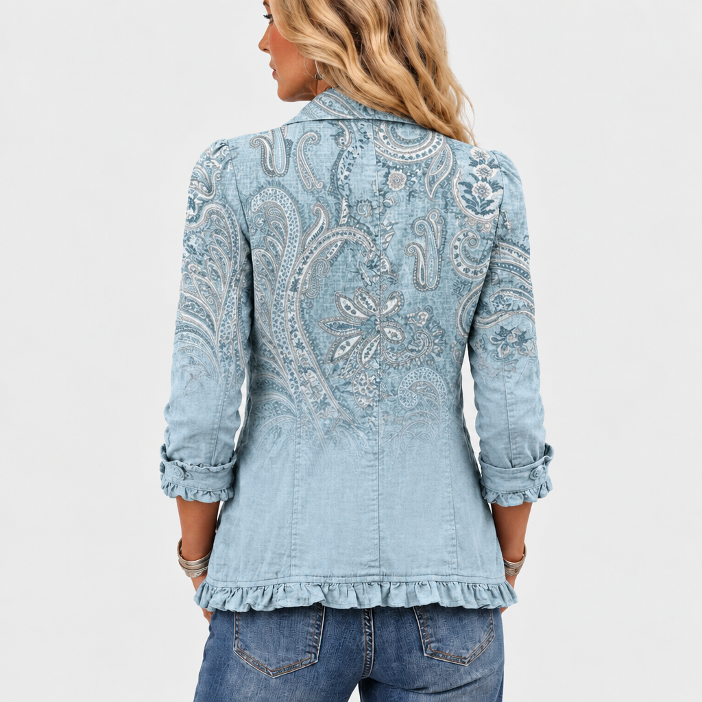 Sybella paisley ruffle-trim jacket in sky blue, back view