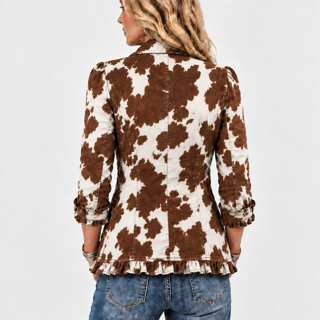 Idonea cow print ruffle-trim jacket in brown and white, back view