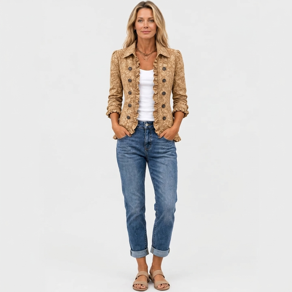 Bersaba paisley print ruffle jacket in camel, full-length view