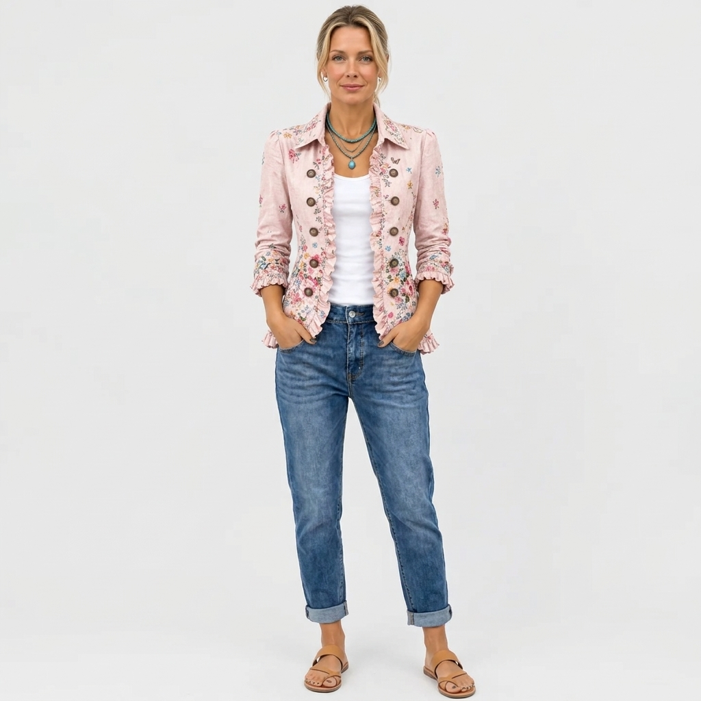 Peronel floral ruffle-trim jacket in pink, full-length view