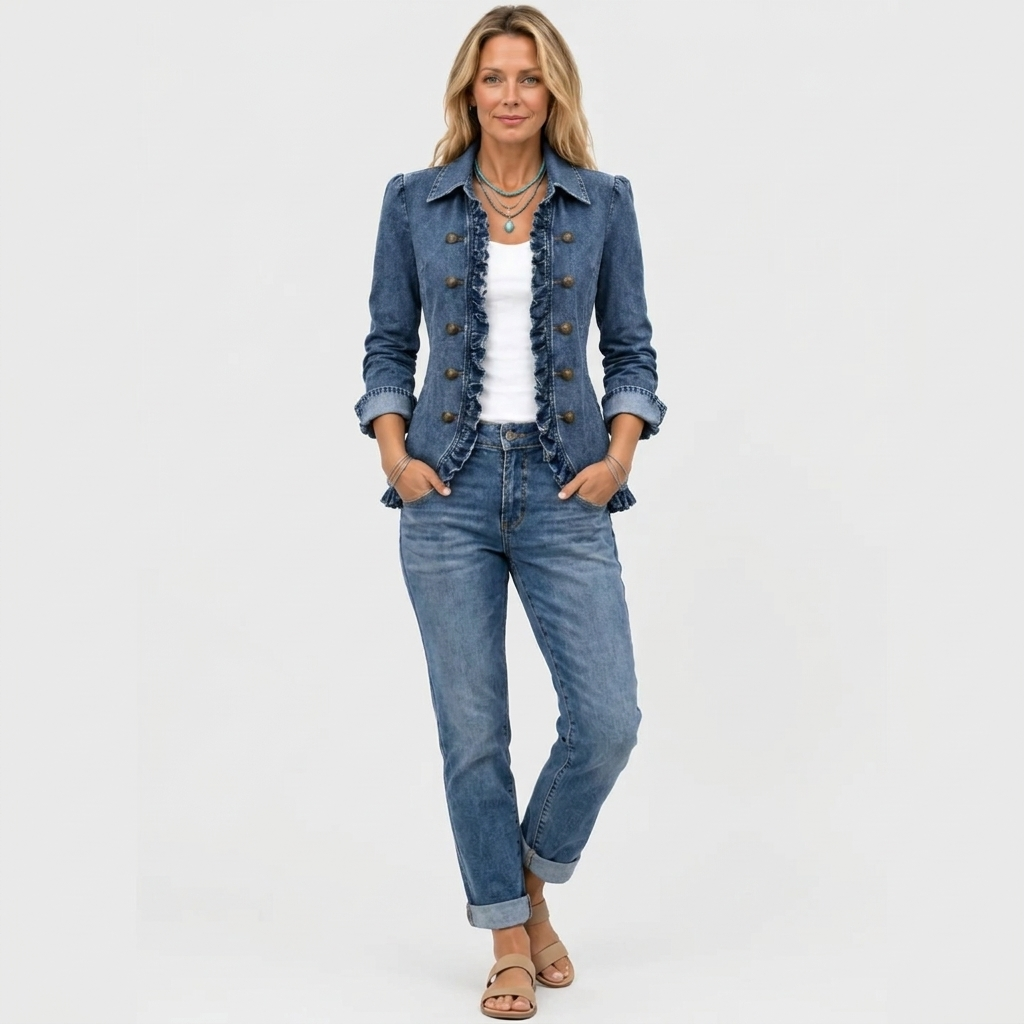 Hedra denim-look ruffle jacket in denim blue, full-length view