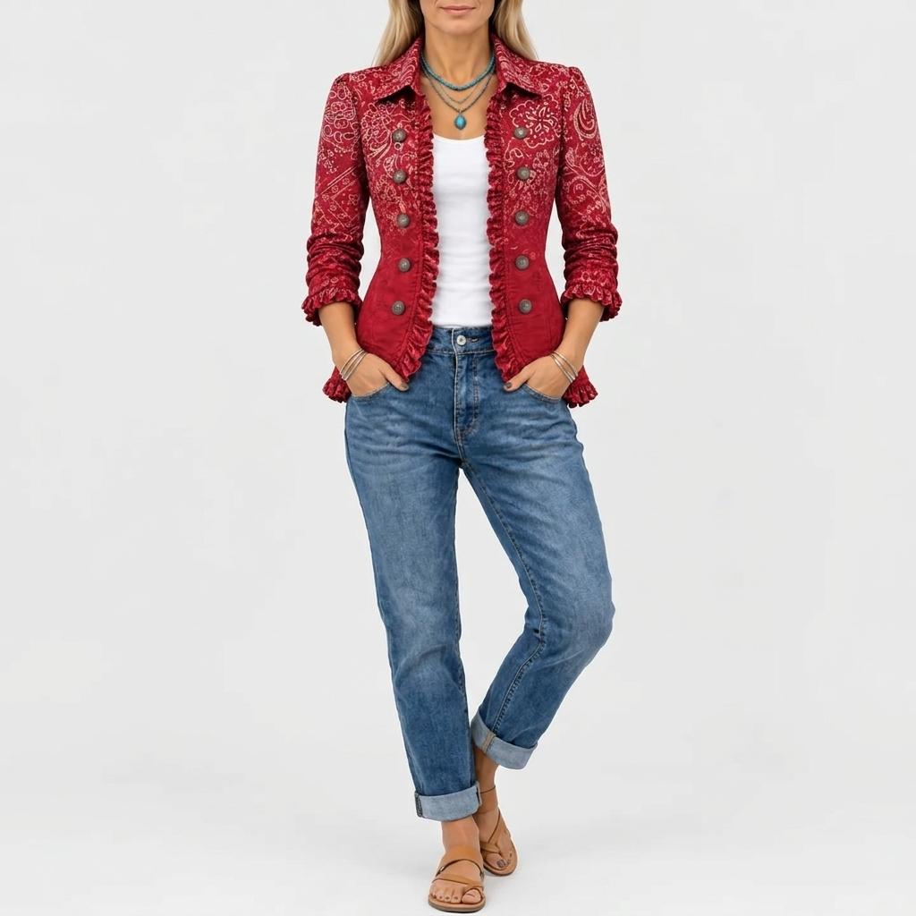 Eglantine ombre bandana print ruffle-trim jacket in red, full-length view