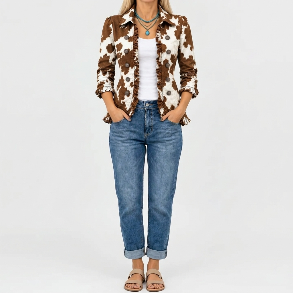 Idonea cow print ruffle-trim jacket in brown and white, full-length view