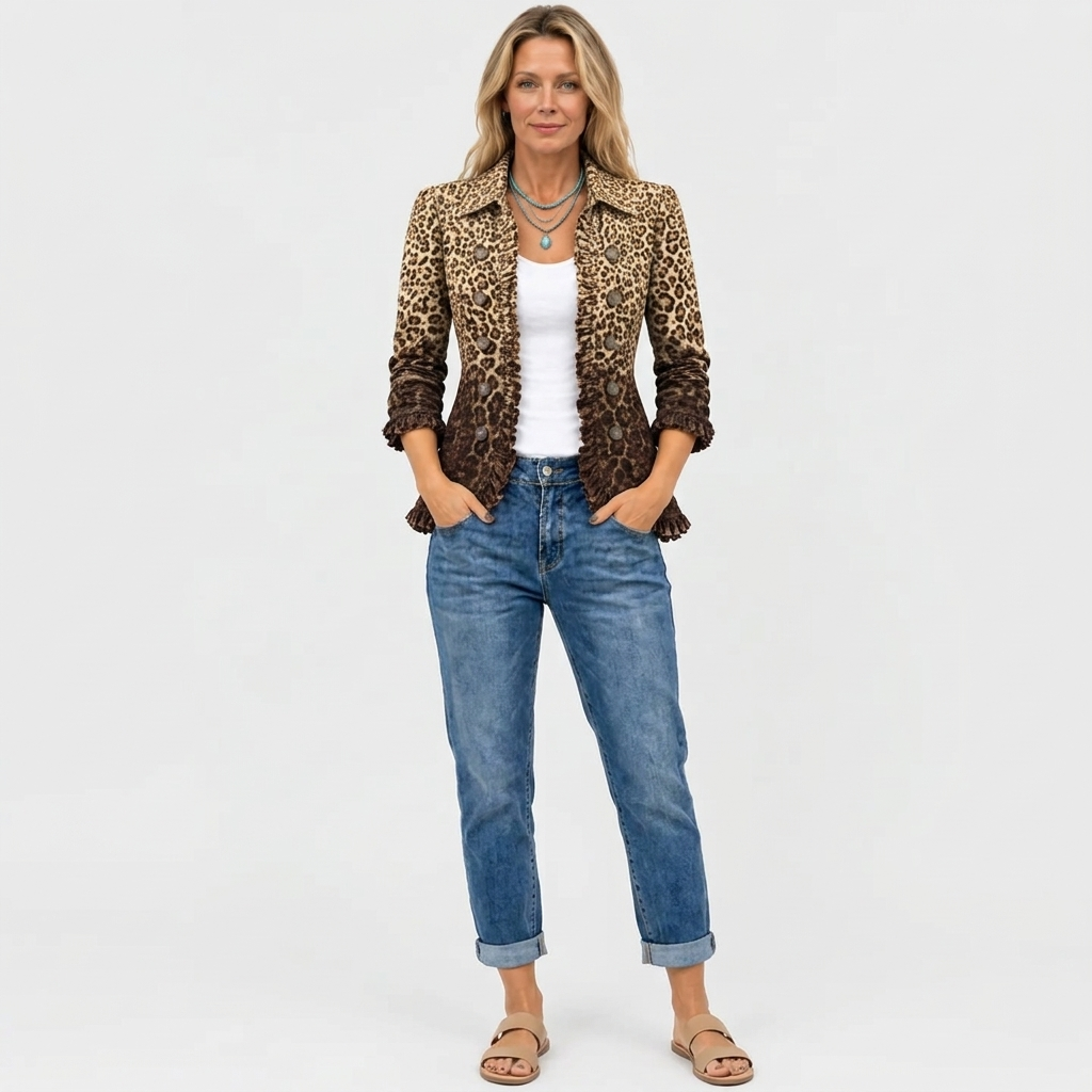 Ursuline ombre leopard ruffle-trim jacket in brown leopard, full-length view
