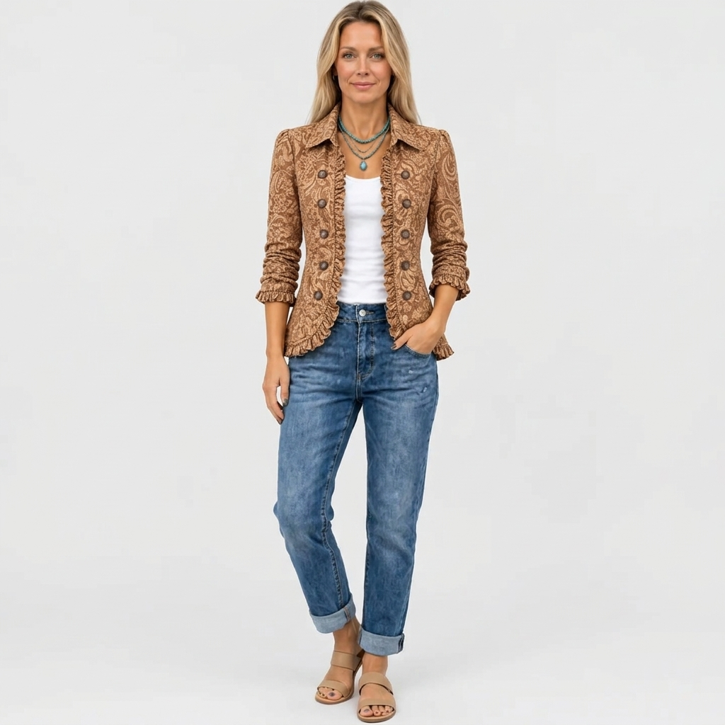 Melloney tonal floral ruffle-trim jacket in brown, full-length view