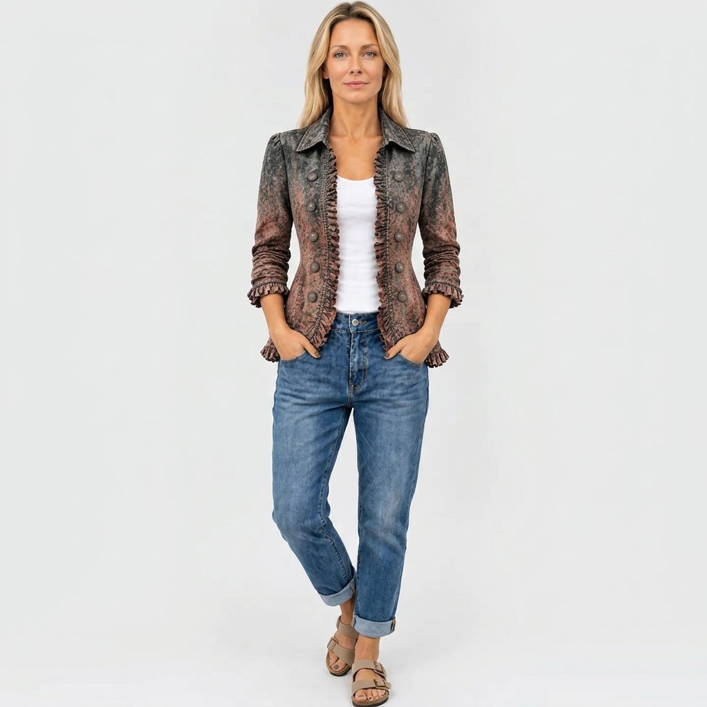 Rohesia ombre ruffle-trim jacket in charcoal rust, full-length view