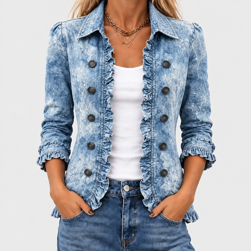 Rosenwyn marble wash ruffle jacket in light blue, front close-up