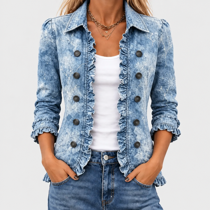 Rosenwyn marble wash ruffle jacket in light blue, front close-up