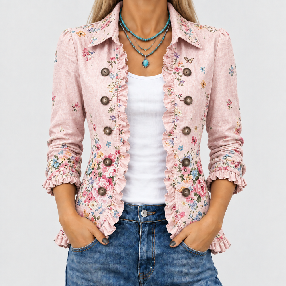 Peronel floral ruffle-trim jacket in pink, front close-up