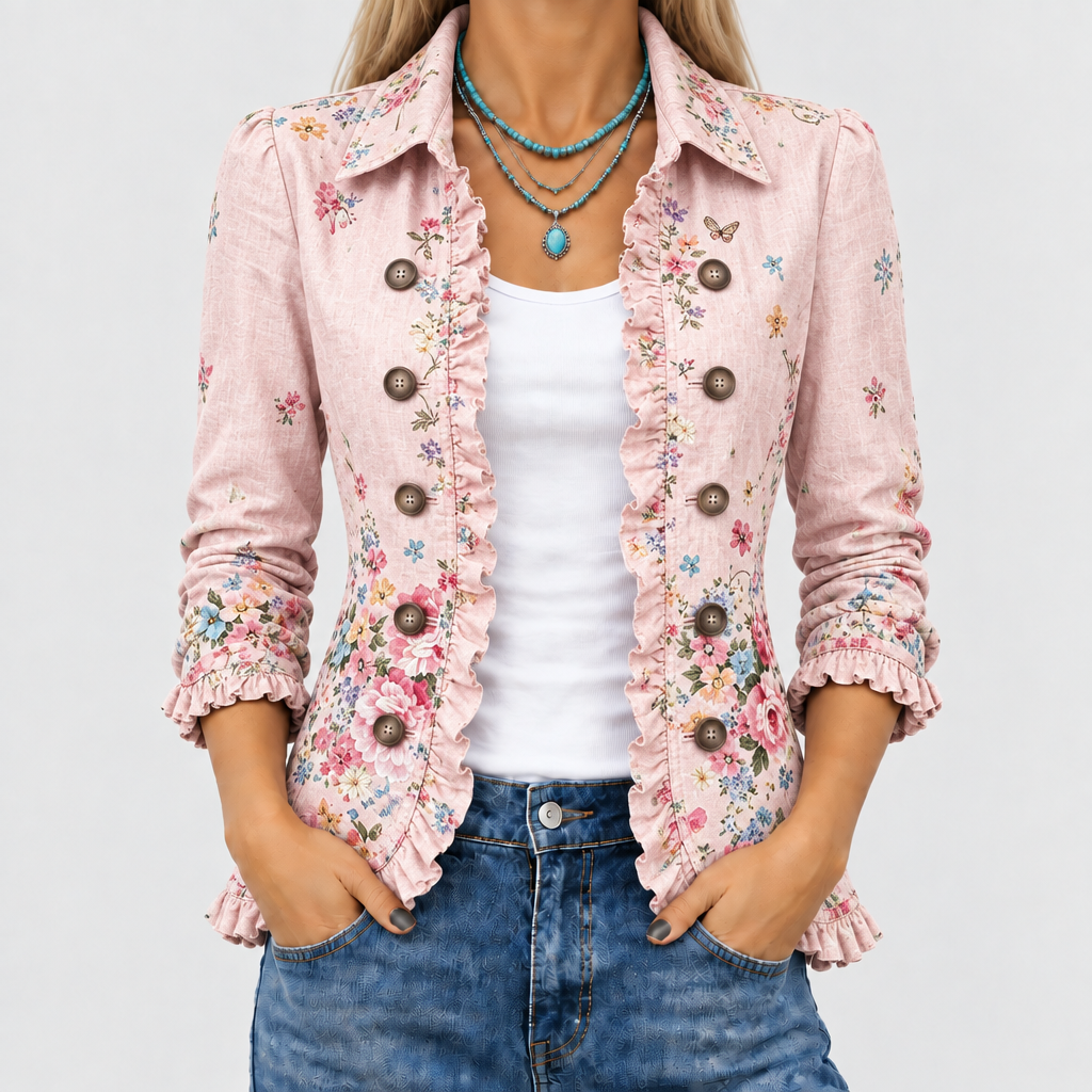 Peronel floral ruffle-trim jacket in pink, front close-up
