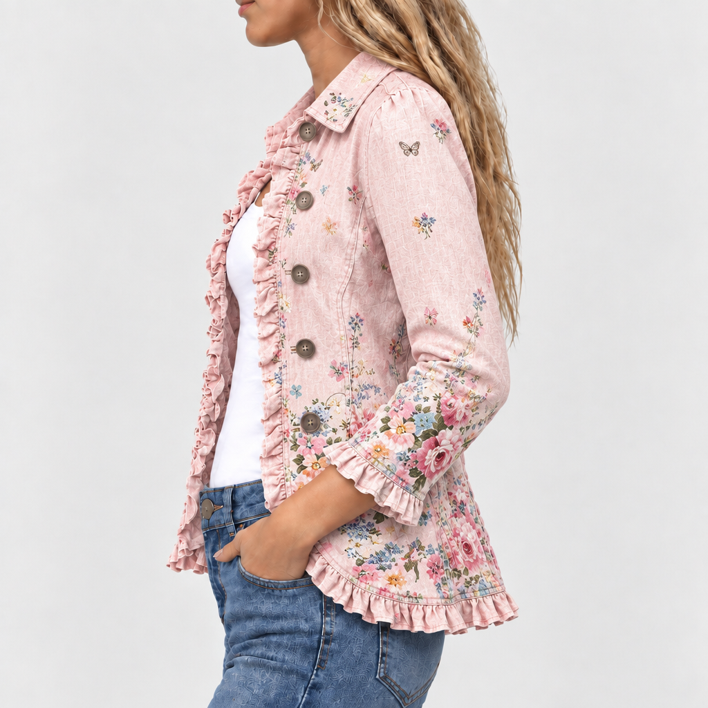Peronel floral ruffle-trim jacket in pink, side view