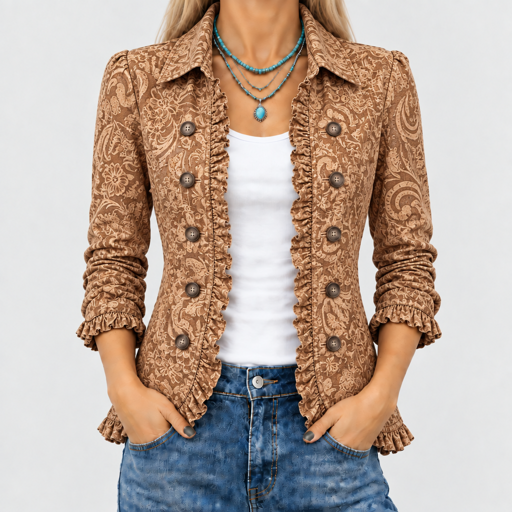Melloney tonal floral ruffle-trim jacket in brown, front close-up