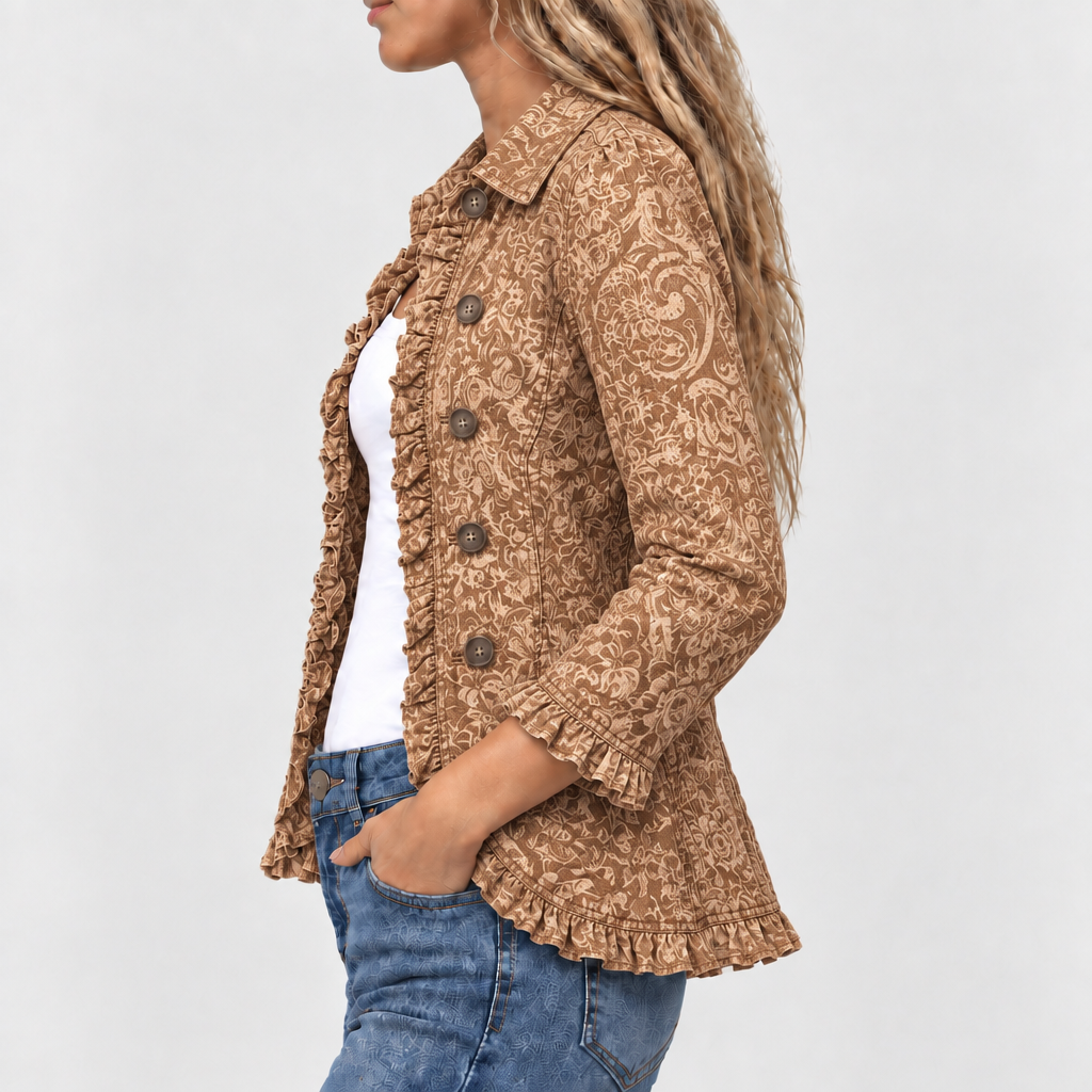 Melloney tonal floral ruffle-trim jacket in brown, side view