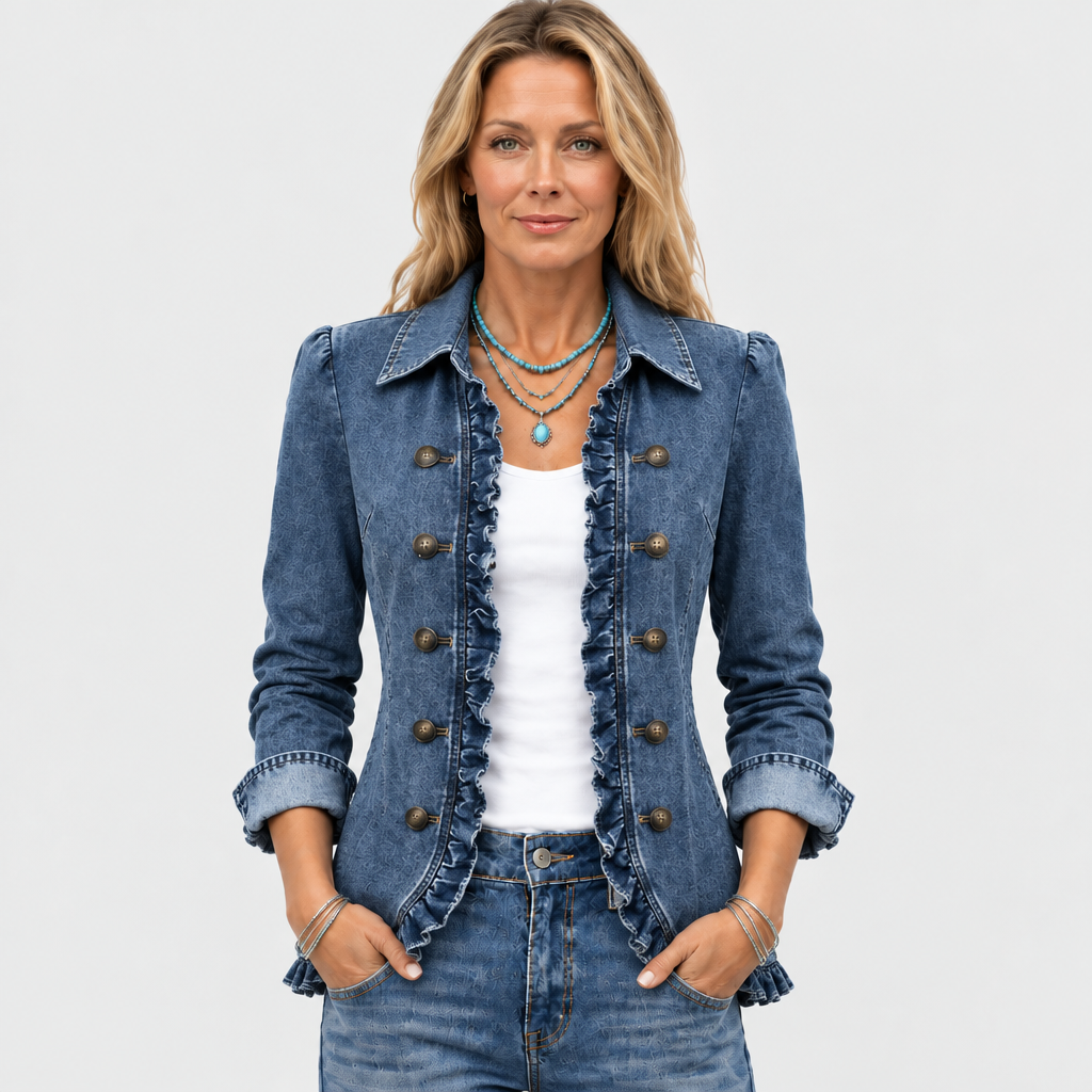 Hedra denim-look ruffle jacket in denim blue, front view