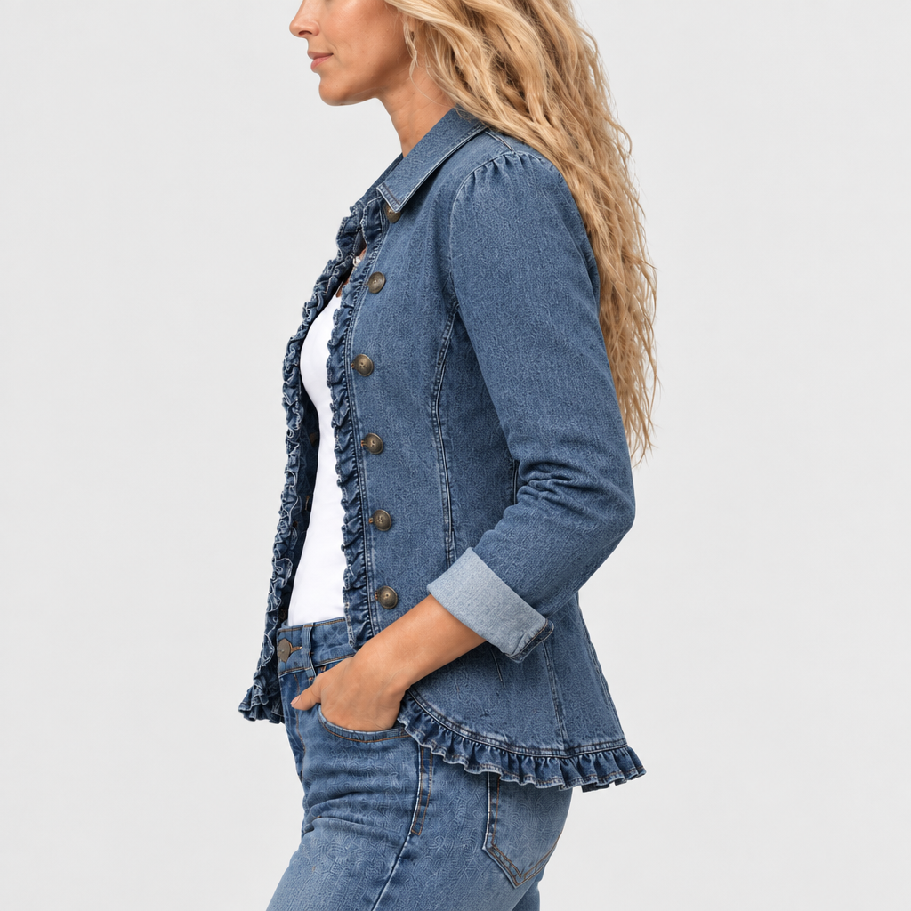 Hedra denim-look ruffle jacket in denim blue, side view