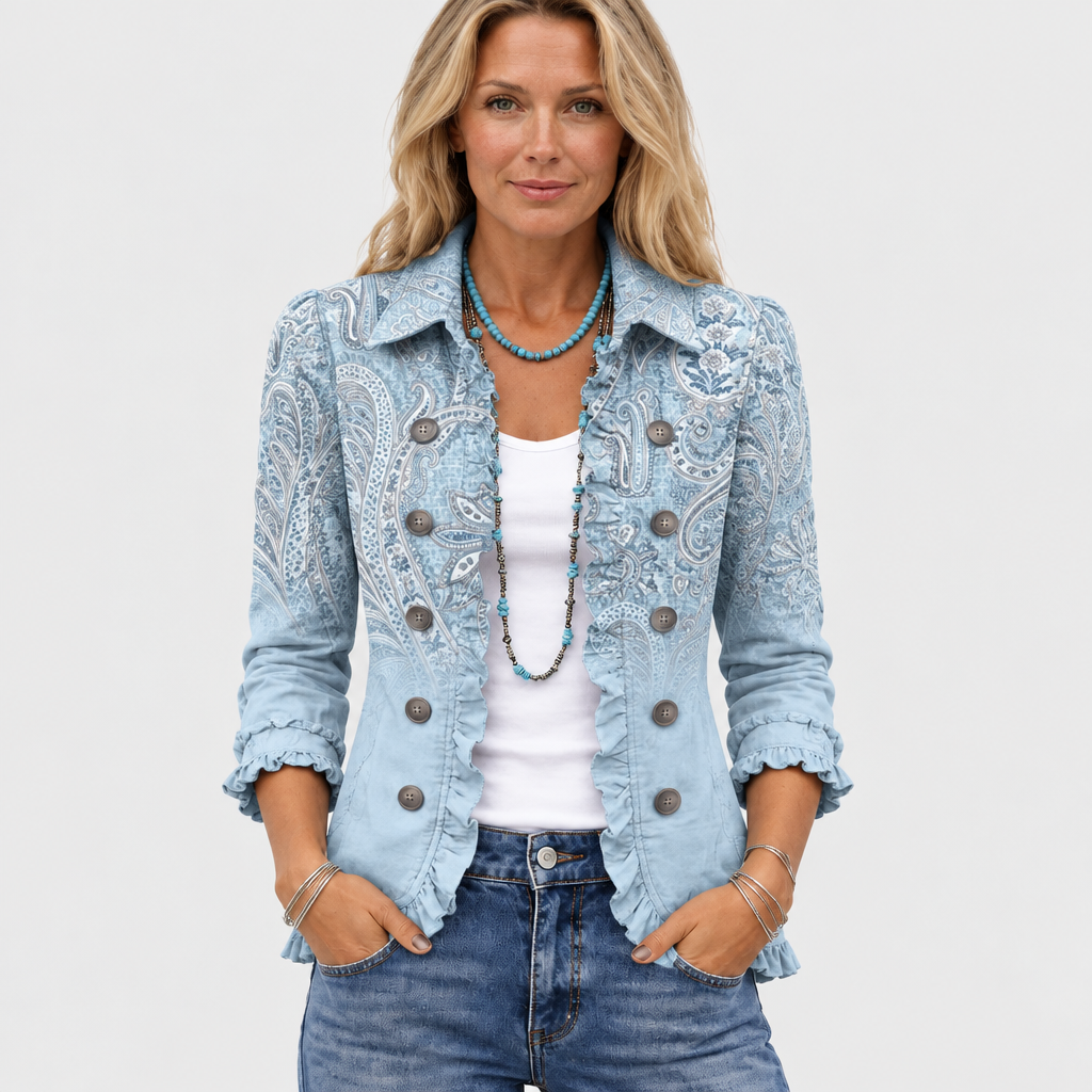 Sybella paisley ruffle-trim jacket in sky blue, front view