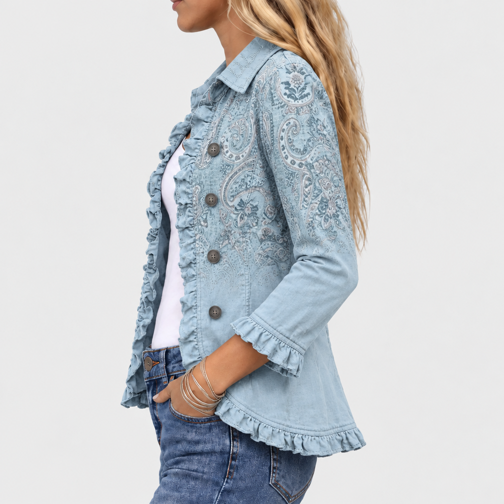 Sybella paisley ruffle-trim jacket in sky blue, side view