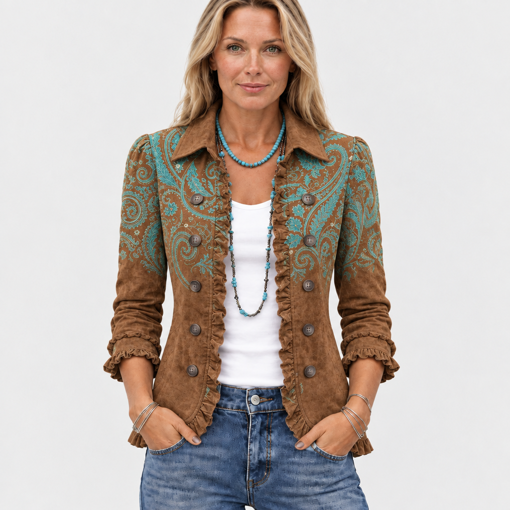Dulcibella ombre paisley ruffle-trim jacket in brown and turquoise, front view