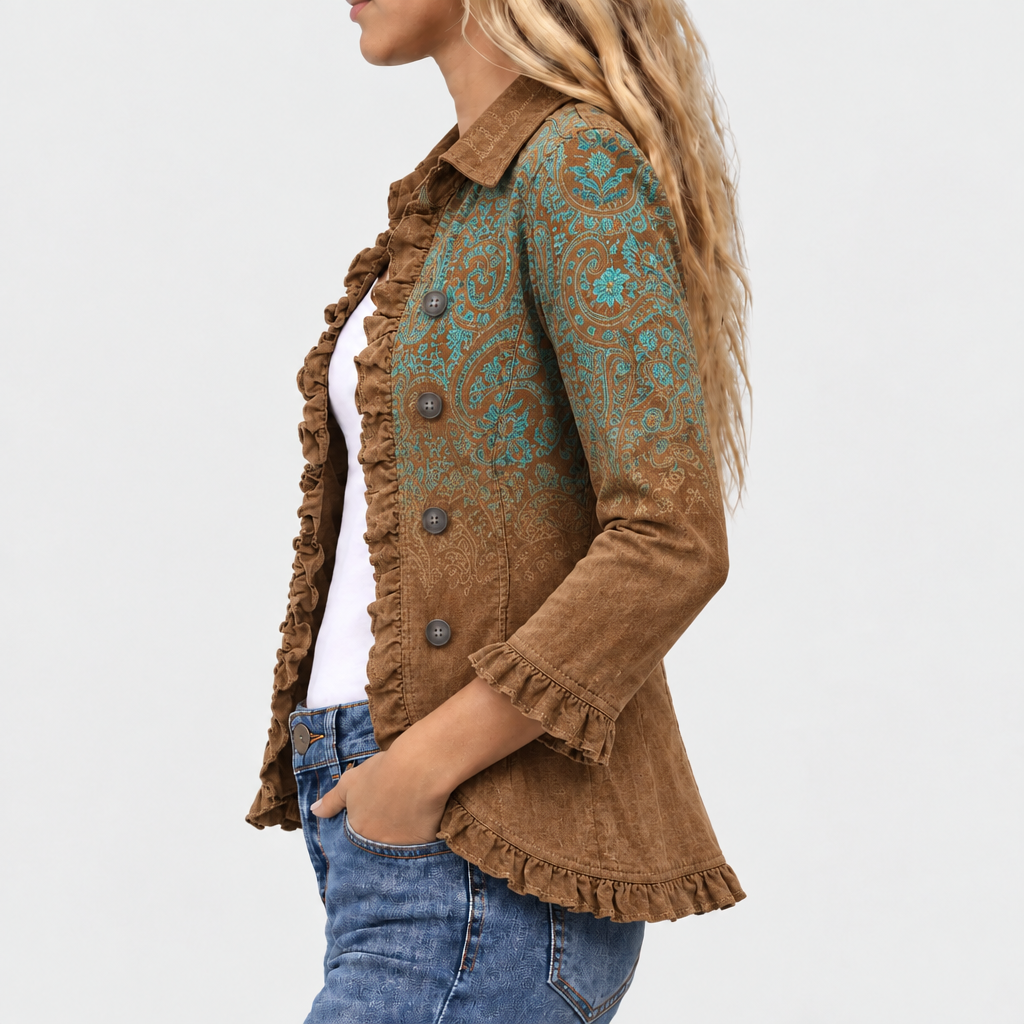Dulcibella ombre paisley ruffle-trim jacket in brown and turquoise, side view