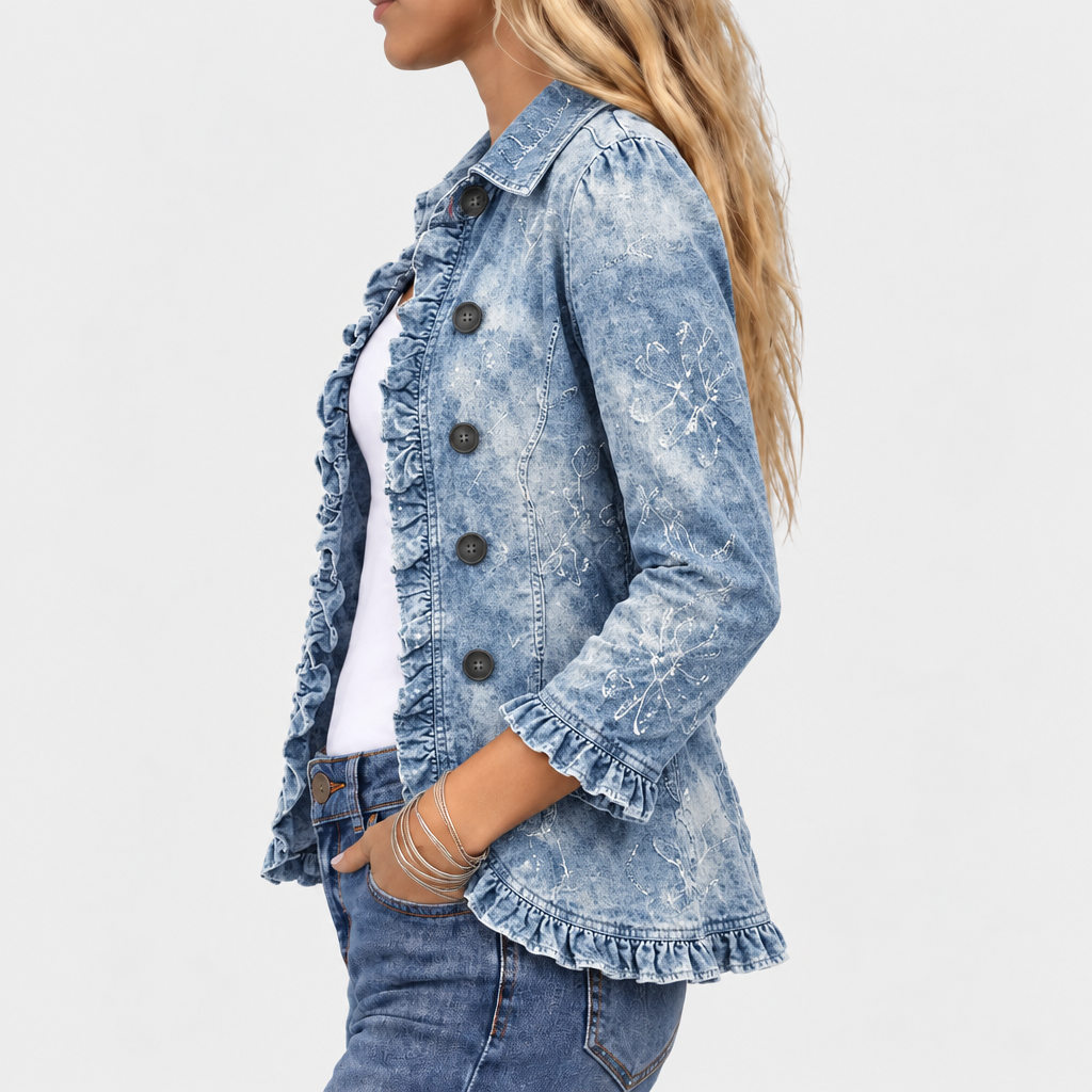 Rosenwyn marble wash ruffle jacket in light blue, side view
