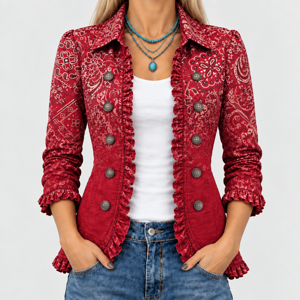 Eglantine ombre bandana print ruffle-trim jacket in red, front close-up