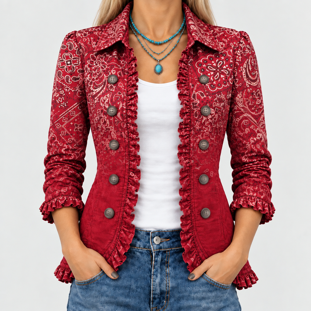Eglantine ombre bandana print ruffle-trim jacket in red, front close-up