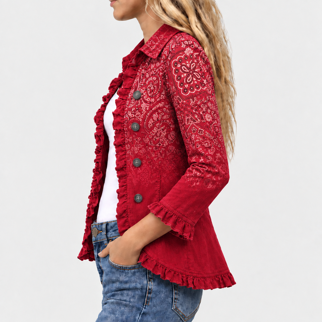 Eglantine ombre bandana print ruffle-trim jacket in red, side view