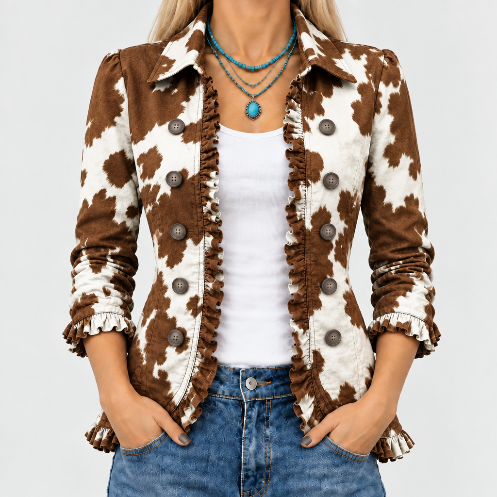 Idonea cow print ruffle-trim jacket in brown and white, front close-up