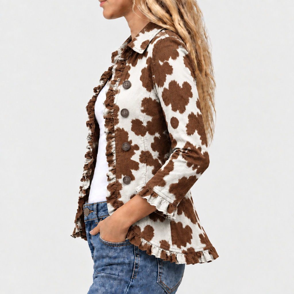 Idonea cow print ruffle-trim jacket in brown and white, side view