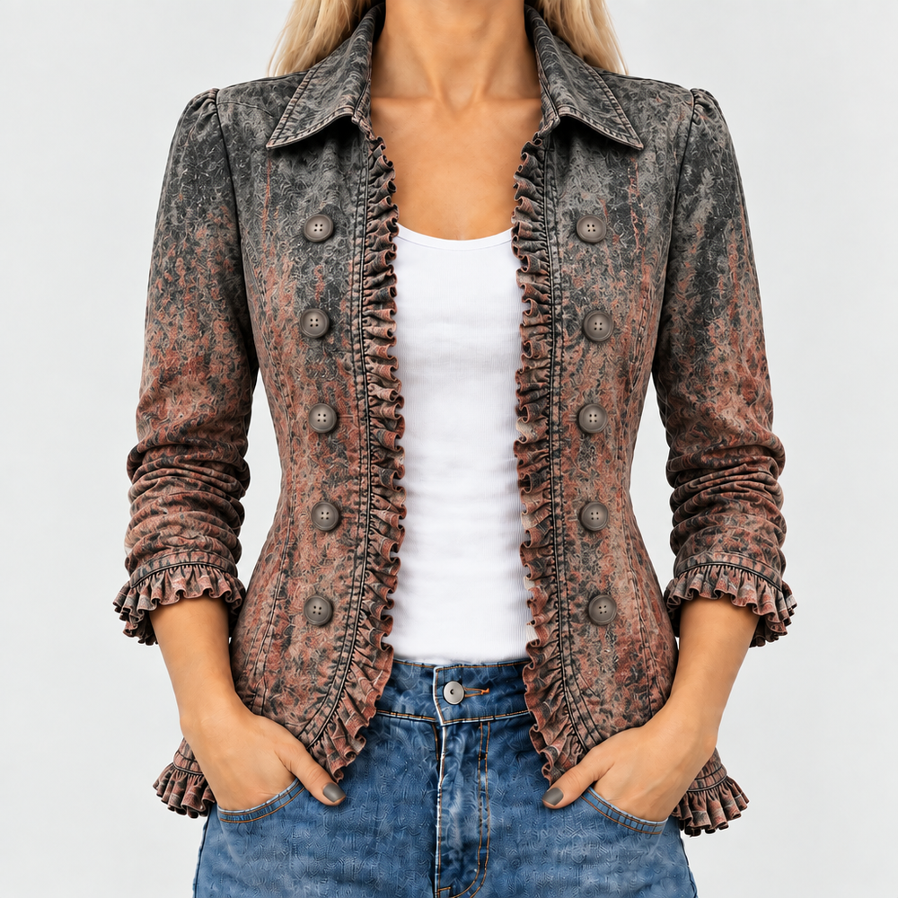 Rohesia ombre ruffle-trim jacket in charcoal rust, front view