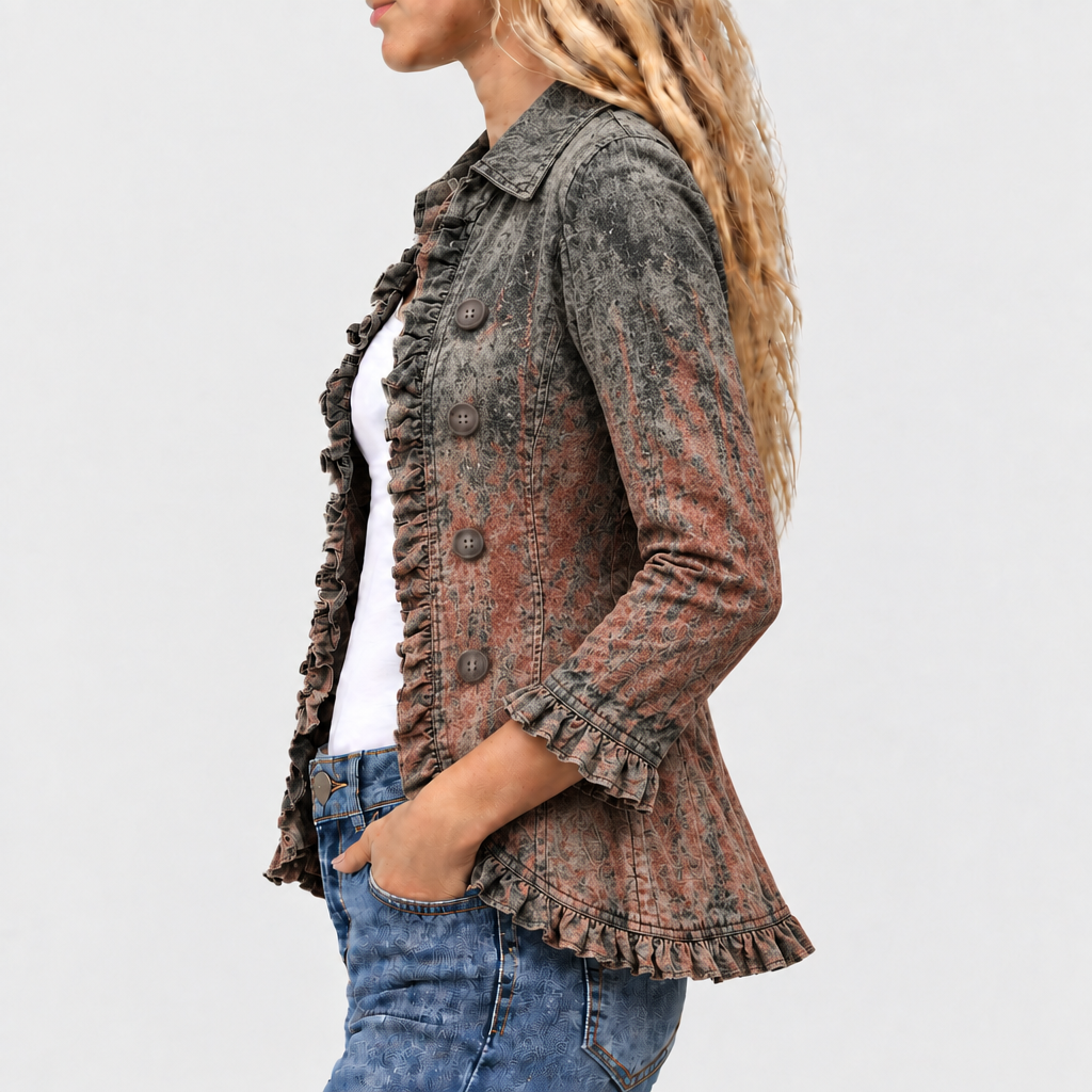 Rohesia ombre ruffle-trim jacket in charcoal rust, side view