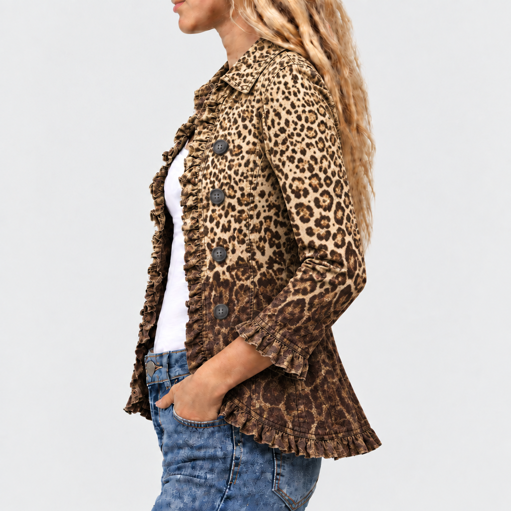 Ursuline ombre leopard ruffle-trim jacket in brown leopard, side view