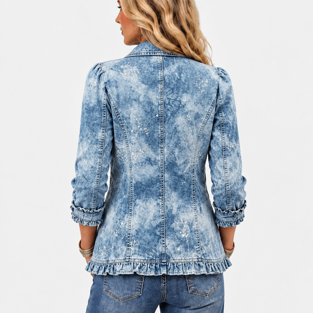 Rosenwyn marble wash ruffle jacket in light blue, back view