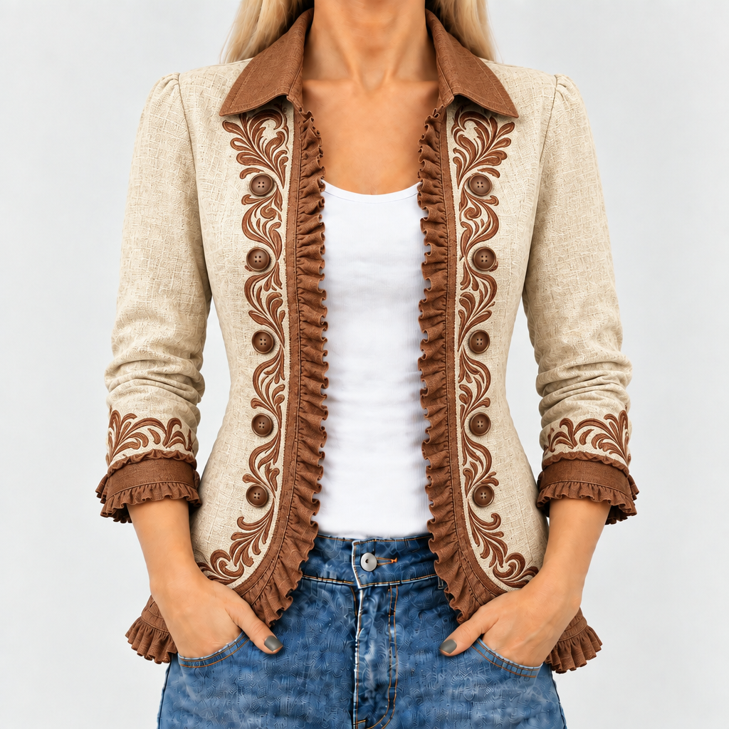Amicia scroll-trim ruffle jacket in cream and brown, front view