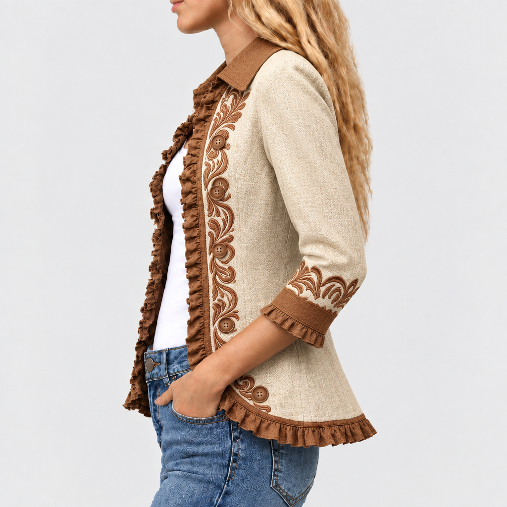 Amicia scroll-trim ruffle jacket in cream and brown, side view