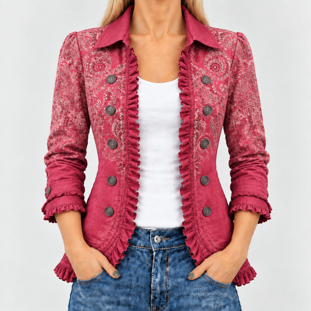 Melisent paisley ruffle-trim jacket in raspberry pink, front view