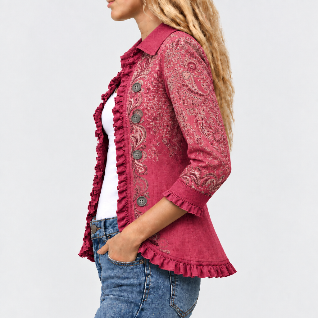 Melisent paisley ruffle-trim jacket in raspberry pink, side view