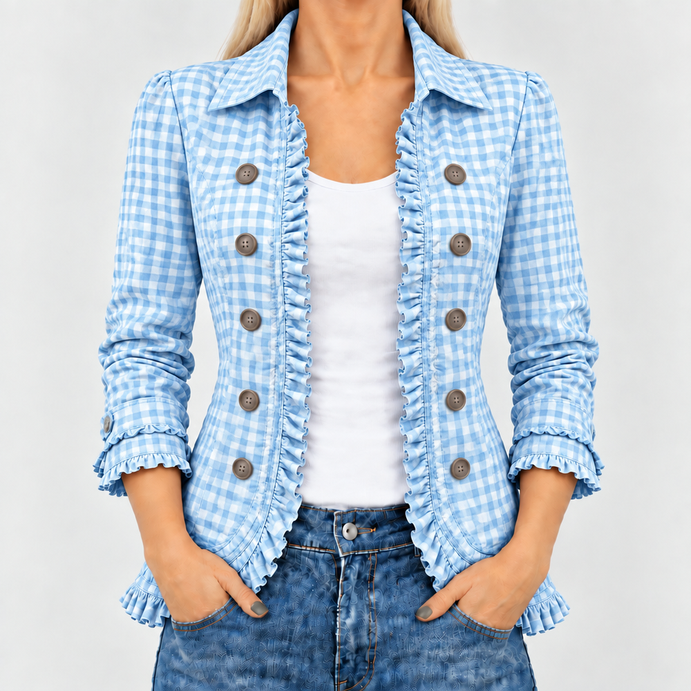 Quenby gingham ruffle-trim jacket in light blue, front view
