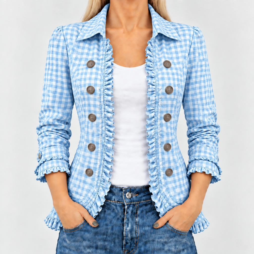Quenby gingham ruffle-trim jacket in light blue, front view