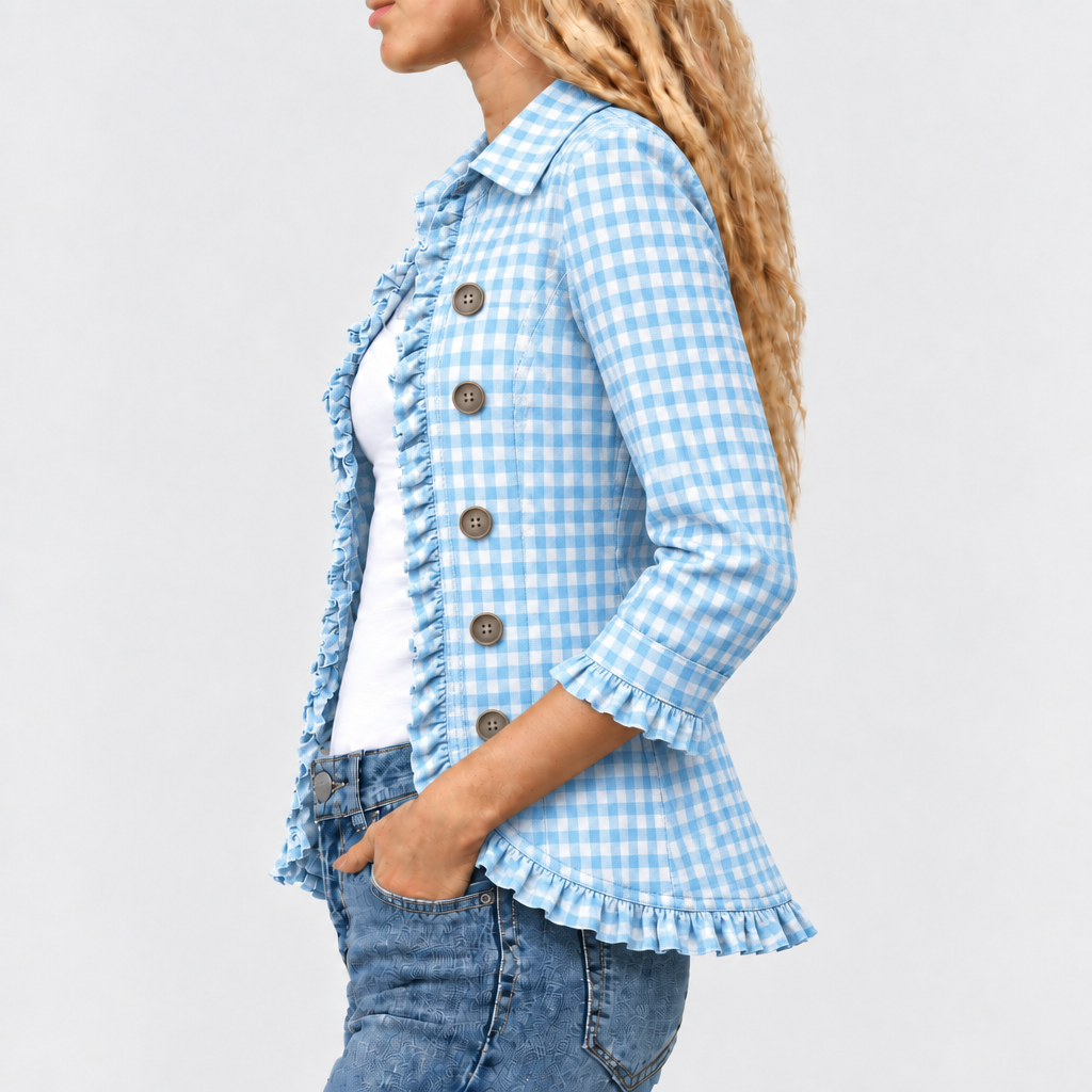 Quenby gingham ruffle-trim jacket in light blue, side view