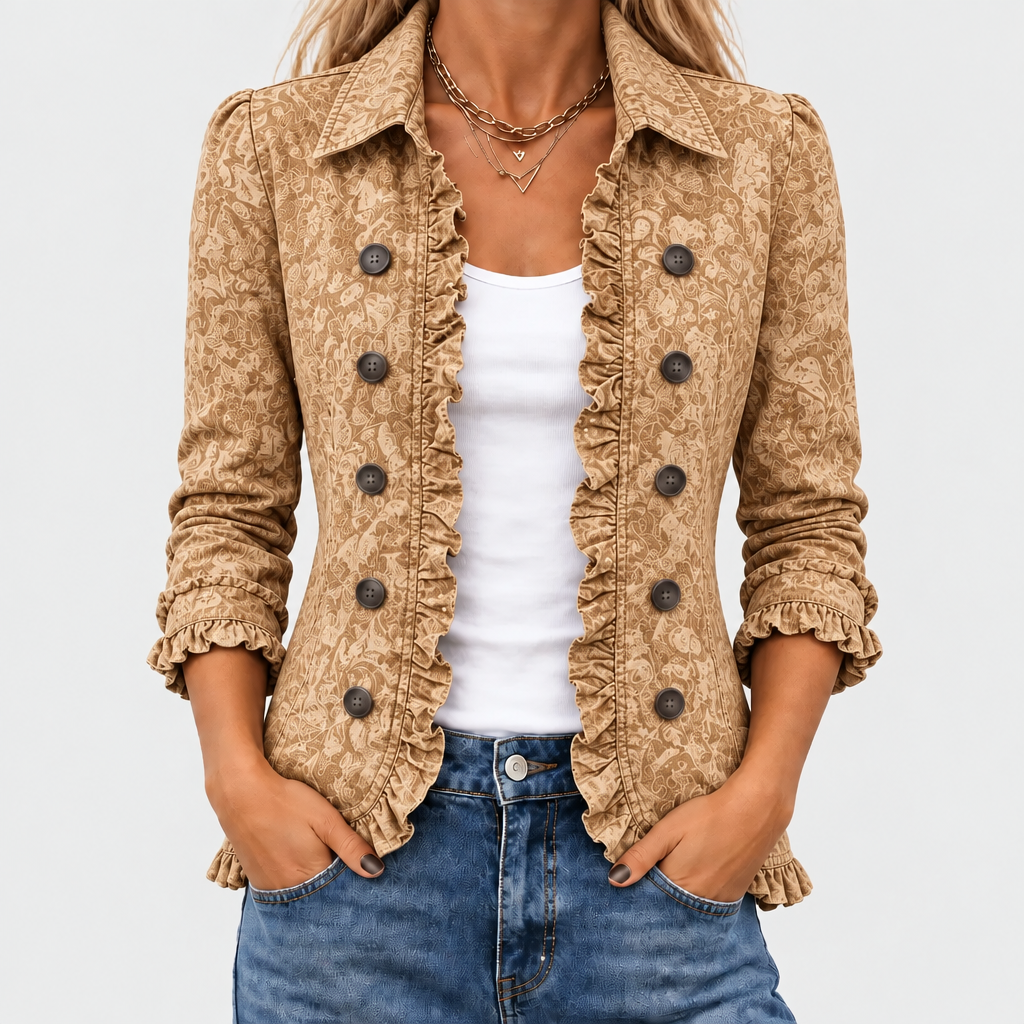 Bersaba paisley print ruffle jacket in camel, front close-up