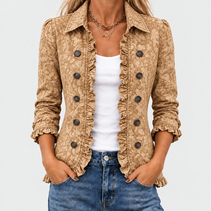 Bersaba paisley print ruffle jacket in camel, front close-up