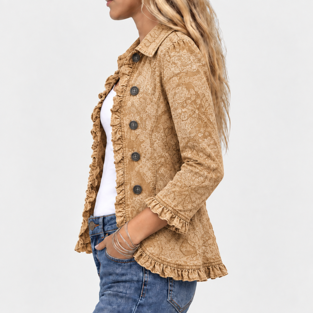Bersaba paisley print ruffle jacket in camel, side view
