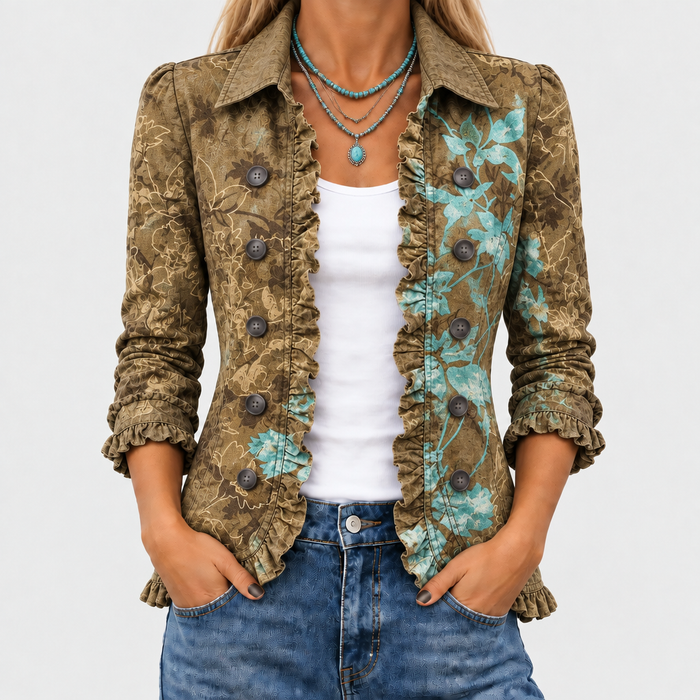 Jowanet floral print ruffle jacket in olive and turquoise floral, front close-up