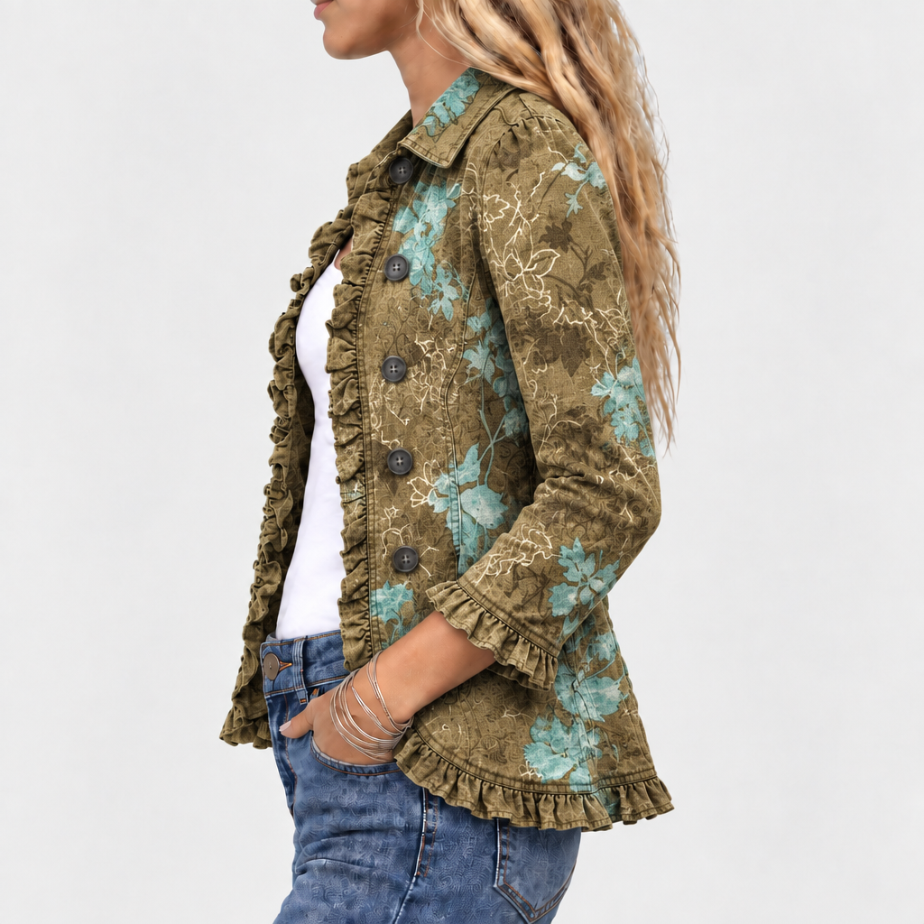 Jowanet floral print ruffle jacket in olive and turquoise floral, side view
