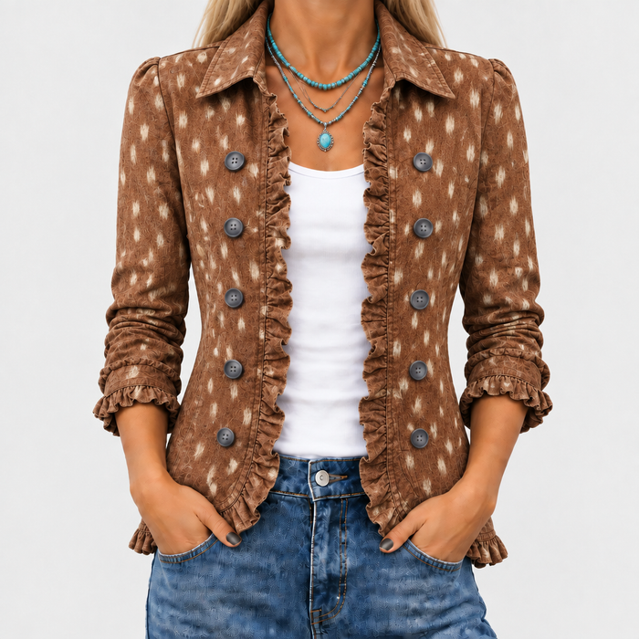 Derwa fawn print ruffle jacket in brown, front close-up