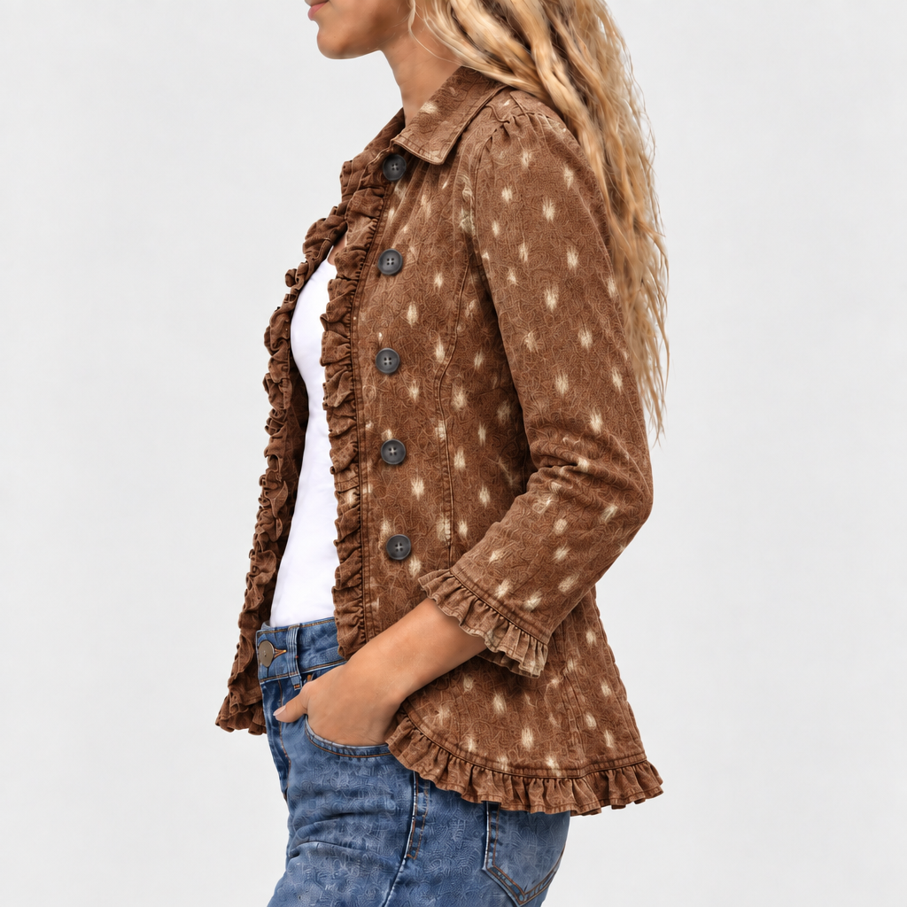 Derwa fawn print ruffle jacket in brown, side view
