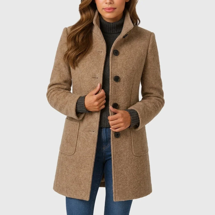 Annora stand-collar button coat in camel, front view