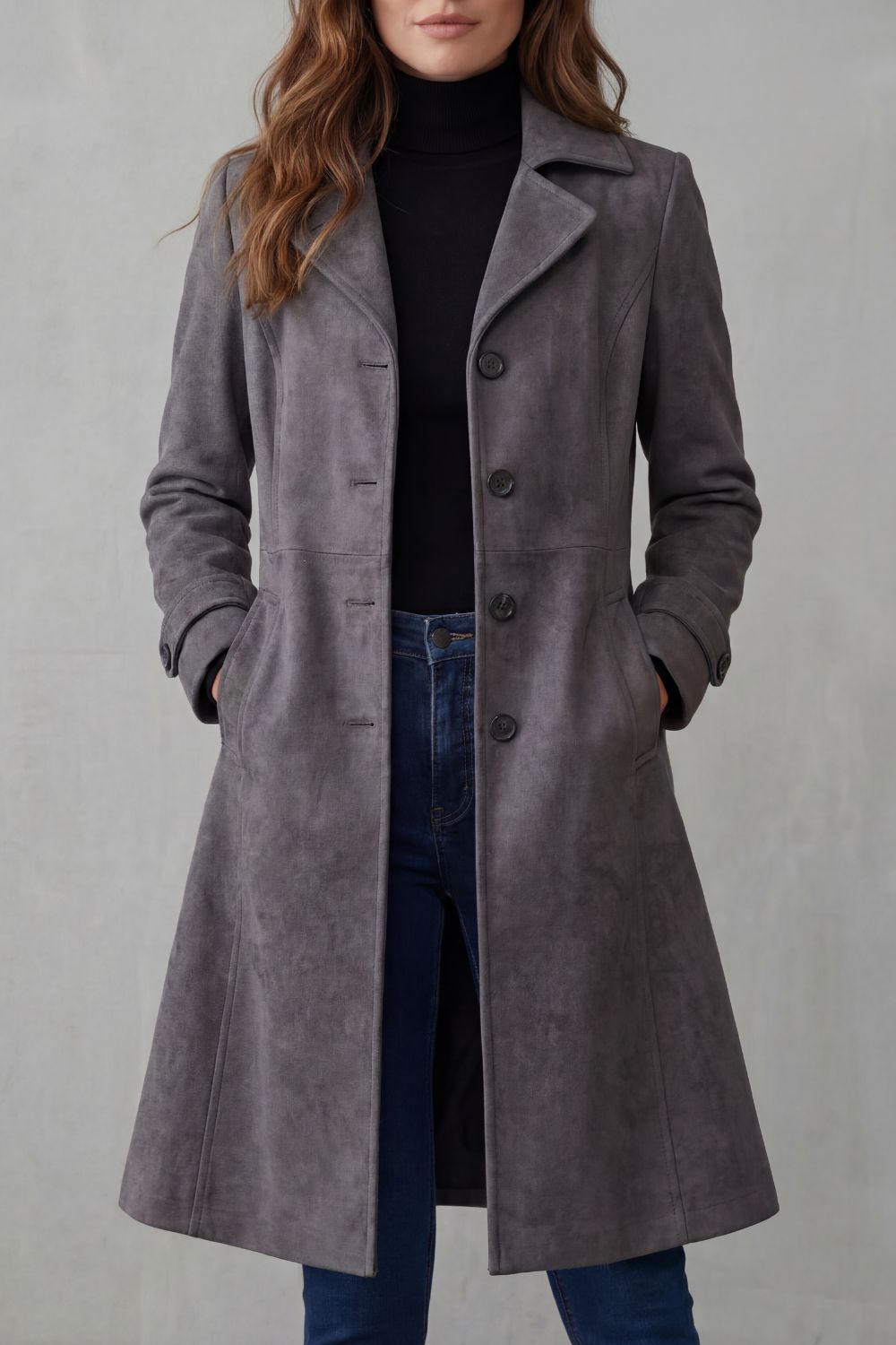 Dinah suede-look long coat in charcoal grey, front view